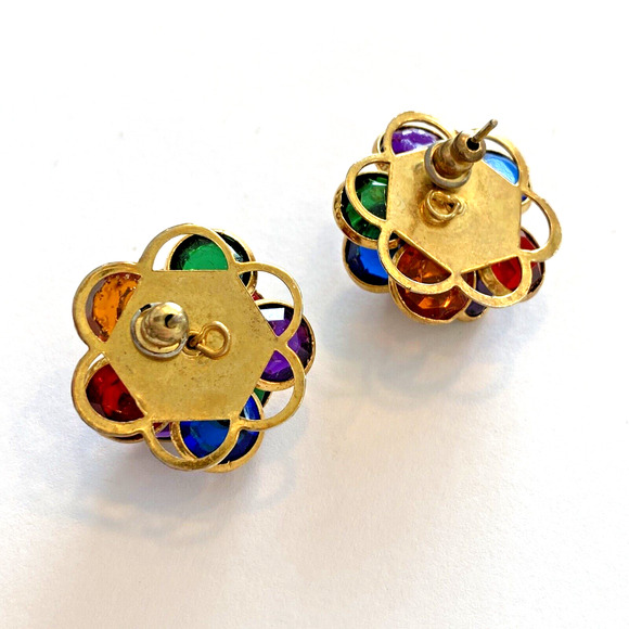 Jewel Tones Pierced Earrings Vintage 1980’s Multicolor On Goldtone Bead Clusters - Picture 5 of 6